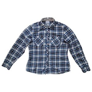 Columbia Plaid Simply Put Cozy Flannel Button Up Shirt Blue Purple Cotton Size L